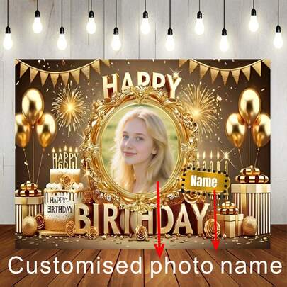 1 tấm phông nền sinh nhật màu vàng có thể tùy chỉnh tên, hình ảnh, kèm bóng bay vàng, bánh kem, pháo hoa, hộp quà, họa tiết hoa lá, thích hợp trang trí tiệc sinh nhật, tiệc cưới, tiệc tặng quà, phông nền chụp ảnh, chất liệu vinyl.