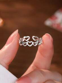 1 Stück S925 Sterlingsilber Cut Out Herz-förmige verstellbare offene Ring, minimalistisches, süßes Design, für Damen Alltagsoutfit & Partytragen