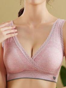 1pc Maternity Lace Trim Crossover Wireless Seamless Nursing Bra, Pink - Pink - View 5