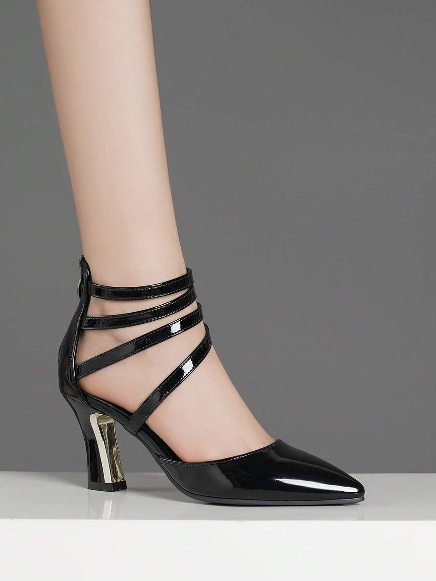 2025秋冬季尖头粗跟高跟鞋，单扣带镂空水钻装饰，优雅，派对装扮 - 黑色 - 查看 1