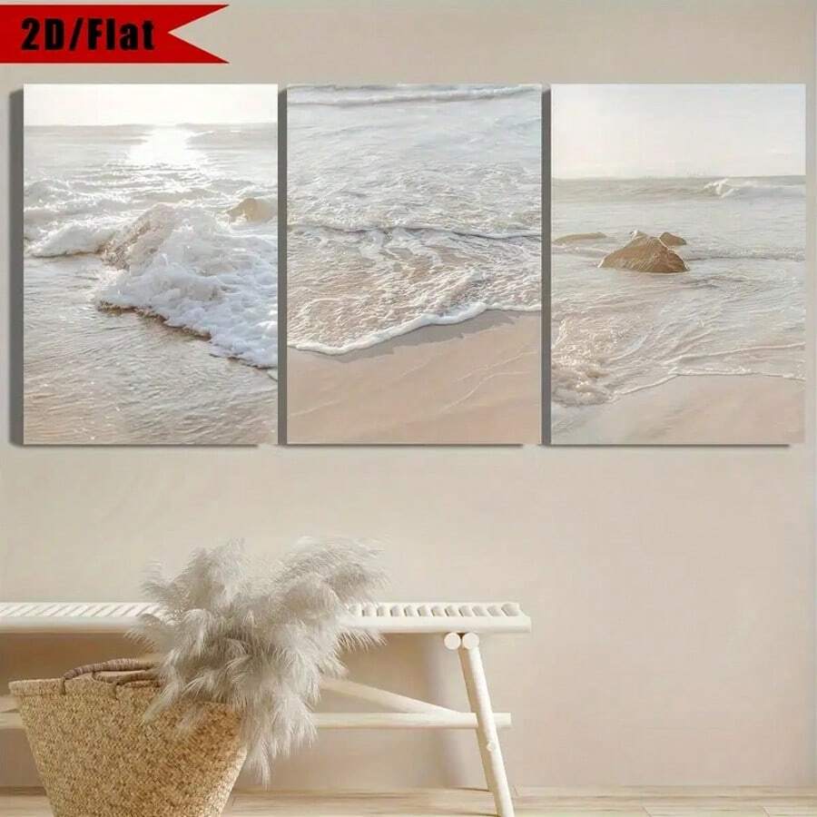 Set de 3 tablouri pe pânză cu peisaj marin bej boho, poster cu ocean, artă modernă, imprimeu cu apus de soare pe plajă, decor de perete cu peisaj natural, cadou ideal pentru dormitor, living, hol, neînrămat