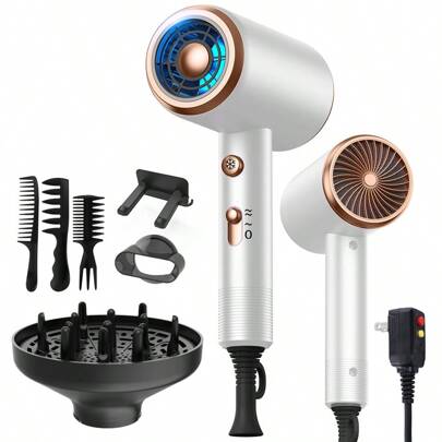 五合一吹风机，带扩散器，大功率吹风机，男女通用，快速干发，带风嘴，适合家庭、沙龙、旅行、送礼、节日使用，包含3个梳子和吹风机支架，灰色、白色、绿色、粉色、红色