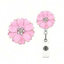 1pc Alloy Camellia Rhinestone Badge Reel, Retractable Nurse ID/Name Card Holder With Alligator Swivel Clip, Suitable For Nurses/Students, Gift - Pink - View 8