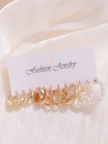 36 Pcs Vintage-Inspired Faux Pearl Hoop Earring Set, Retro Gold Finish, Ideal For Autumn Styling, Date Night & Elegant Gifting Moments - Yellow Gold - View 7