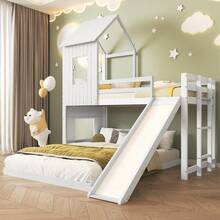 Sairedel Bunk Bed With Slide, House Bed, Children's Bed, With Gate, With Window And Roof, With Three-Step Ladder, Pine + MDF, White, 90x200cm & 140x200cm - 白色 - 查看 1