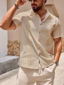 男士休闲纽扣短袖夏季沙滩衬衫 - 杏色 - 查看 6