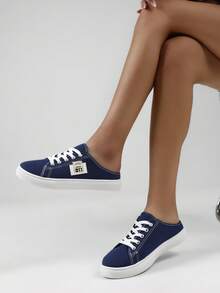 Women's Solid Canvas Slippers, Platform Round Toe All-Match Lace Up Breathable Slip On Shoes, Women's Footwear - Blue - View 4