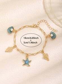 1 pieza Pulsera elegante y linda de niñas con estilo océano creativo, con colgantes de concha, estrella de mar y perla falsa, ideal para uso regular, vacaciones de playa y verano