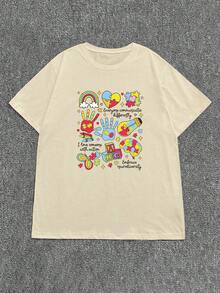 DEAR MOLLY Plus Size Casual Round Neck Short Sleeve T-Shirt With Healing Graffiti Cartoon Print, Suitable For Daily Wear And Holiday Gifts