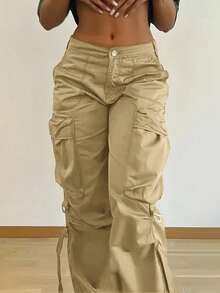 Y2K Street Flap Pocket Tape Detail Loose Casual Wear Wide Leg Parachute Cargo Pants - 卡其色 - 查看 3