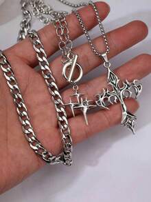 3pcs Gothic Style Shining Star Stainless Steel Chain Necklace Set, Including Flame Cross Pendant For Women & Y2K Style For Men - Silver - View 3