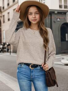 1pc Girls Casual Thick Pullover Sweater, Warm & Soft Solid Color Knitted Sweater For Students, Autumn/Winter - Apricot - View 3