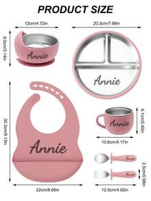 6PCS Print On Demand Silicone Bib Stainless Steel Cup Spoon Fork Sets Self Feeding Training Bowl Plate With Suction Base Tableware Sets, Shower Gift, Led Weaning, Personalized Gift - Multicolor - View 9