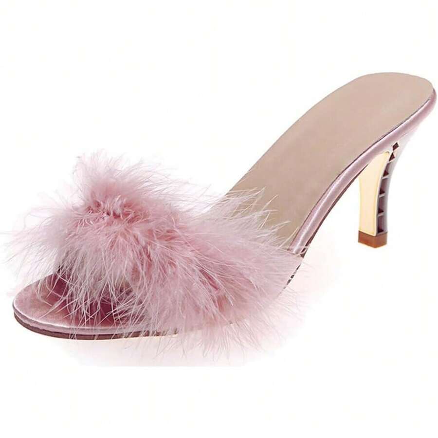 Local Shipping 2025 New Cute Fuzzy Heels Furry Kitten Heels For Lingerie Wedding BirthdayWomen Sexy Slipper - Hồng - Xem 1