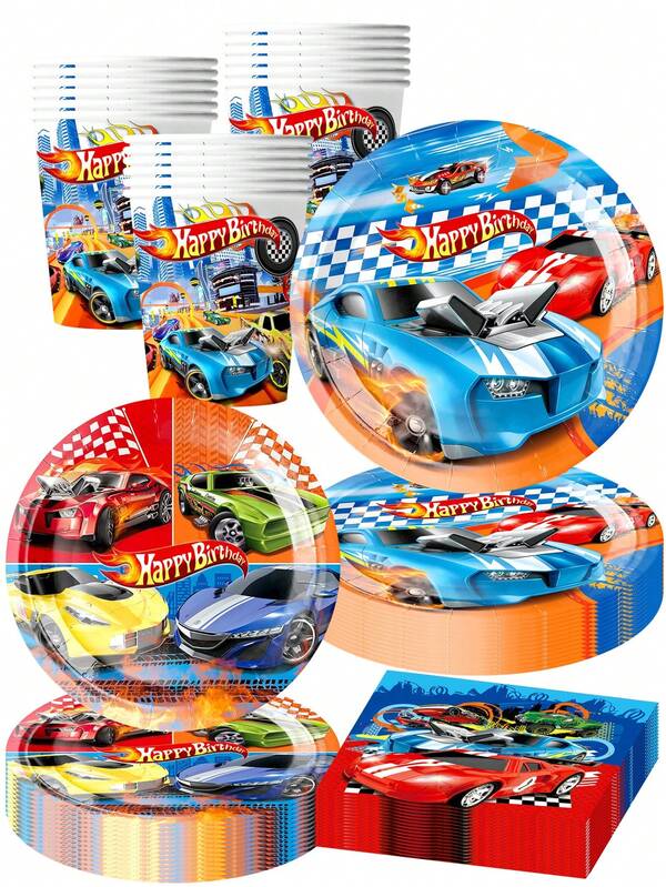 Conjunto de louça descartável com tema de carro de corrida - 10 peças: pratos de 23/18 cm, copos de 270 ml e guardanapos | Pratos descartáveis para festas temáticas de carros e aniversários, perfeitos para festas em família, churrascos e eventos ao ar livre.
