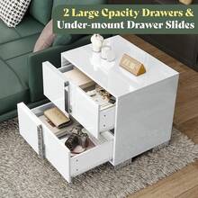 Mesita de noche moderna con cajones - Acabado UV de alto brillo de 23.6 pulgadas y asa plateada, mesa de noche para dormitorio - Blanco - Ver 3