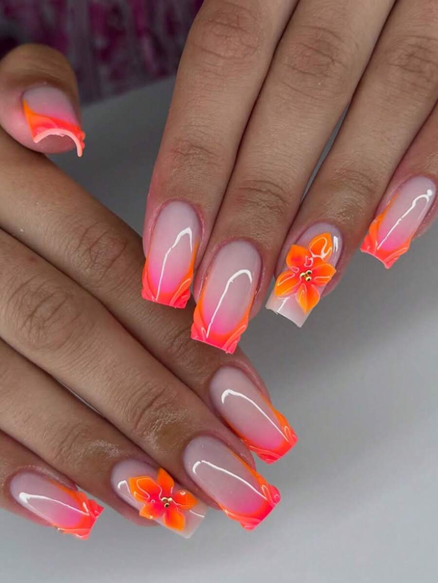 24 piezas/set Puntas de uñas ovaladas de longitud media francesas simples, estilo 3D de flores rosas y naranjas con perlas, uñas postizas reutilizables con pegamento de gelatina y 1 lima de uñas, adecuadas para damas de oficina, citas diarias, té de la tarde, actividades al aire libre