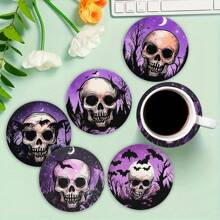 1 set/4 pièces/6 pièces de dessous de verre en boue de diatomées à motif de cadre de crâne violet d'Halloween, dessous de verre à fleurs pour café, décoration multioccasion pour la maison et le restaurant, cadeaux quotidiens, décoration de table, décoration quotidienne, décoration de fête à thème
