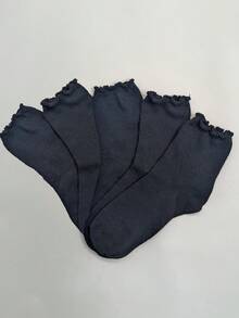 5双/套女士白色荷叶边装饰柔软透气中筒袜，适合休闲、节日、户外穿着，四季皆宜，秋季 - 彩色 - 查看 7