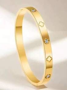 1pc Women's Lucky Flower Bangle, 18K Gold Plated Stainless Steel, Gift For Valentine's Day Lover