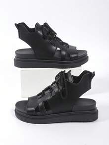 Women's Solid Color Platform Wedge Sandals, Casual Buckle Summer Sandals, Comfortable Open-Toe Sandals, Women's Roman Flat Sandals, Solid Color Open-Toe Criss-Cross Strap Non-Slip Shoes - Black - View 9