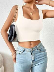 Crop top para mujer escote cuadrado resaque  Liso    Casual    Espalda al aire    crop top   Playa  Vacaciones  Casa  Diario  Fiesta de Cumpleaños  Jardín  Calle  regreso a casa  Despedida de soltera  viaje  Escenario y concierto    primavera verano - Blanco - Ver 3