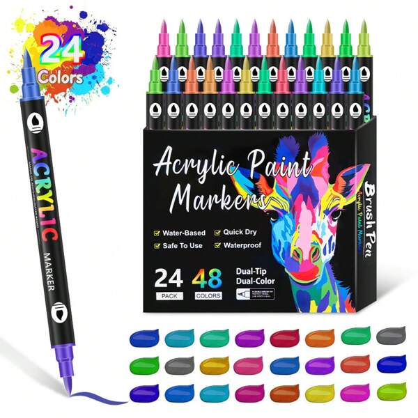 Head Acrylic Marker 24 Colors Washable Opaque DIY Painting Quick-Drying Anti-Pen