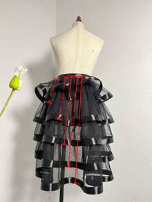 欧美新款新娘红黑蛋糕裙薄纱裙，新娘婚纱裙摆秋装女 - 黑色 - 查看 3