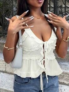 Women's Fashionable Versatile Summer Ruffle Strap Camisole - White - View 1