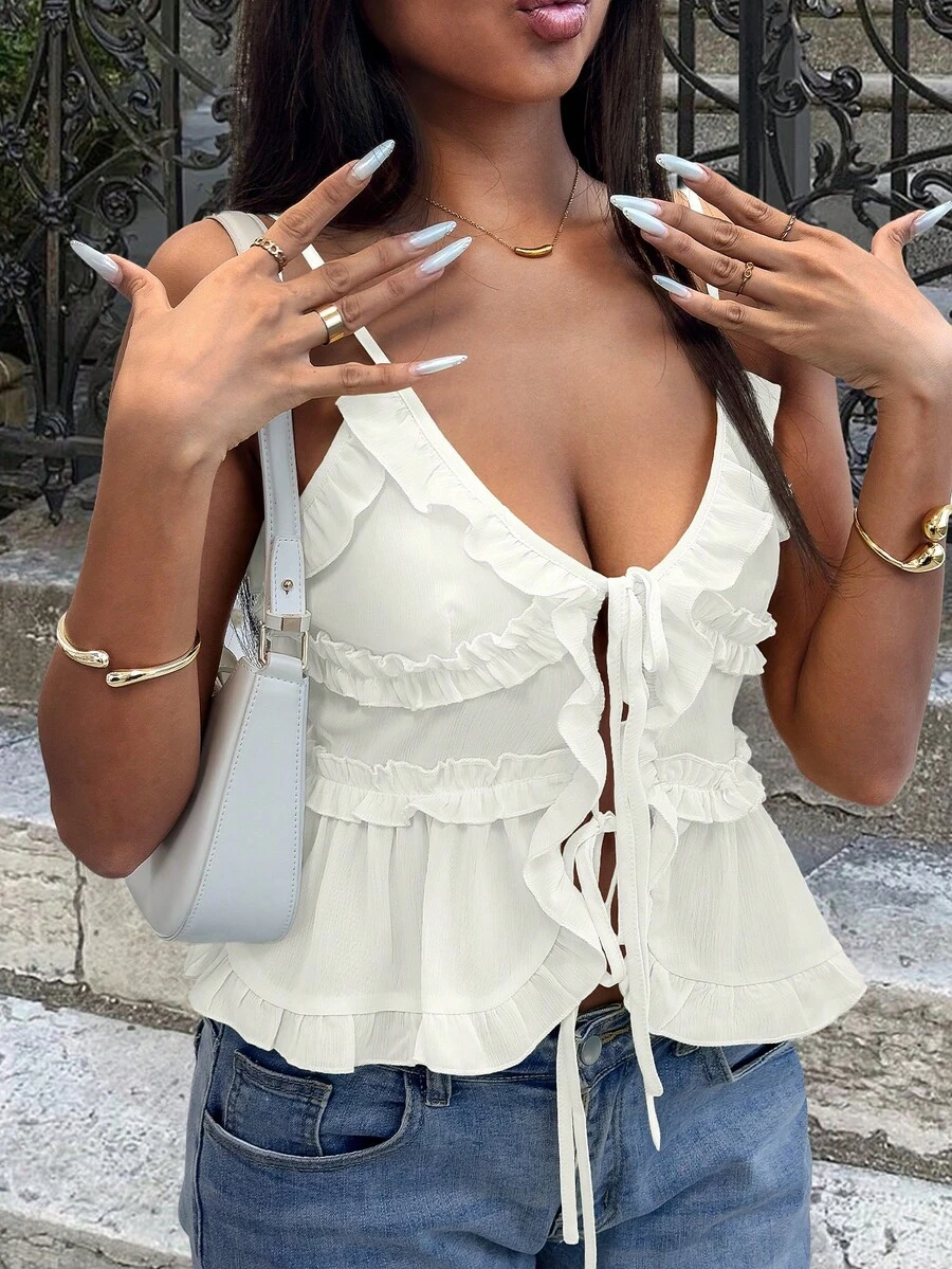 Women's Fashionable Versatile Summer Ruffle Strap Camisole - White - View 1