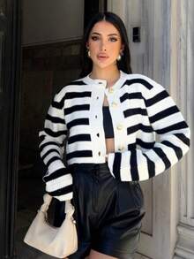 Áo len cardigan cài nút sọc màu tương phản thường ngày - trắng - Xem 3