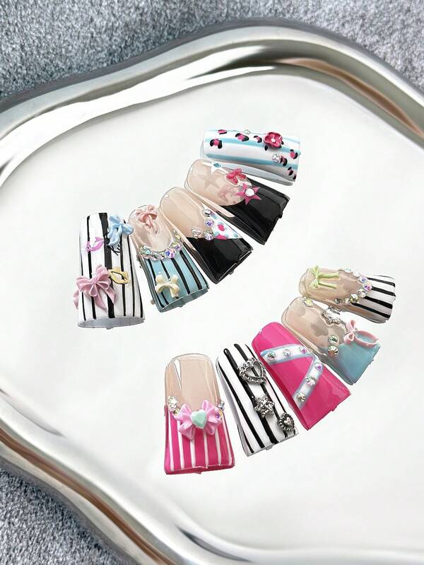 Duck Nails French Handmade Press-On Nails With Multicolor Nail Tips, Rhinestone & Star Charm Accessories, Ombre Hand-Painted Artistic Designs, Contrasting Color 3D Effects, Full-Cover Artificial DIY Glitter False Nails, 10pcs/Set