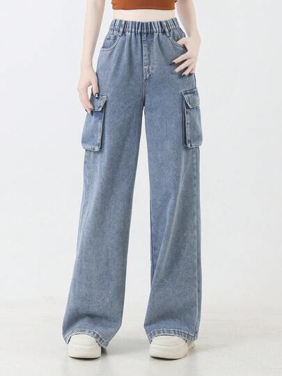 Teen Girl Blue Cargo Pants, Multi-Pocket Casual Loose Long Washed Denim Jeans