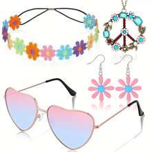 5pcs/Set Hippie Style Accessories Set: Peace Sign Necklace, Daisy Earrings, Flower Headband, Sunglasses, 60s Fashion Halloween - Blue - View 12