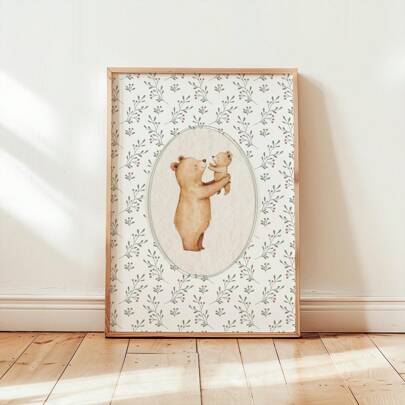 1件套婴儿房装饰，复古熊妈妈和熊宝宝儿童房印花，甜美花卉儿童房装饰，男孩房艺术，男孩儿童房墙面装饰，婴儿动物印花。育儿室墙面装饰。复古可爱励志海报，儿童礼物