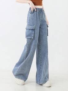 Teen Girl Blue Cargo Pants, Multi-Pocket Casual Loose Long Washed Denim Jeans - Blue - View 4