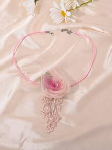 1 件法式优雅面料玫瑰花流苏领带颈链，适合女性休闲佩戴，适合约会、聚会、派对、婚礼、所有季节，是生日、圣诞节、情人节的完美礼物