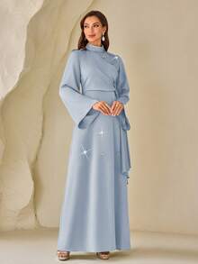 Vestido elegante de satén con cuello Mao, cuello de perlas, largo elegante y lazo lateral, para primavera - Neblina azul - Ver 6