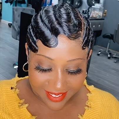 Chic Finger Wave Pixie Cut Wig With Bangs For Women - 180% Density 4inch Brazilian Remy Human Hair, Ocean Wave Style, Short Mommy Hair, Perfect For Daily Wear And Parties