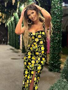 1 Piece All-Over Floral Print Boho Elegant Woven High Slit Dress, Everyday Summer Wear - Black - View 5