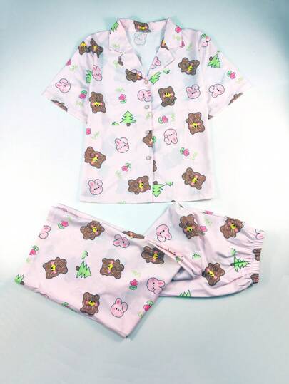 2pcs Set Random Cartoon Animal Print Buttons Women Pajamas Set