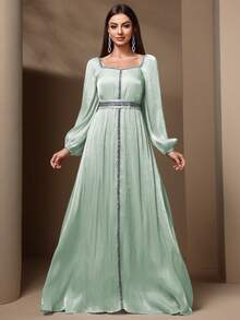 Women's Elegant Sequin Splice Lantern Sleeve Dress, Spring/Summer - Green - View 5