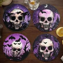 1 set/4 pièces/6 pièces de dessous de verre en boue de diatomées à motif de cadre de crâne violet d'Halloween, dessous de verre à fleurs pour café, décoration multioccasion pour la maison et le restaurant, cadeaux quotidiens, décoration de table, décoration quotidienne, décoration de fête à thème