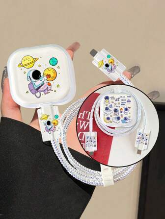 5pcs/Set Astronaut & Planet Graphic Protector Covers Compatible With Apple 20W UK Plug Charger & Data Cable