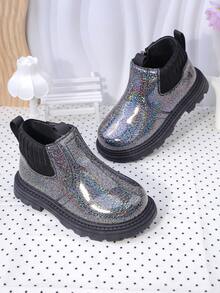 时尚新款婴儿靴，适合幼儿/大童的儿童靴，高帮女童踝靴，带侧拉链，平底休闲亮面皮革短靴 - 黑色 - 查看 5