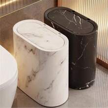 1pc Plastic Marble Or Wood Grain Textured Corner Garbage Can, Stylish Trash Bin, Suitable For Bathroom, Kitchen, Living Room - No Electricity Required, Fits Tight Spaces