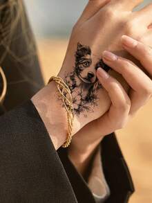 30 片小动物图案纹身贴，防水临时纹身贴，男女适用，手部身体装饰，一次性狼、老虎、猫头鹰、狮子、大象图案假纹身 - 黑色 - 查看 4