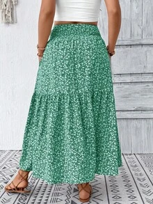 Plus Size Women Ditsy Floral Ruffle Hem Drawstring Waist Casual Midi Skirt, Suitable For Vacation In Autumn Summer - Green Flower - View 4
