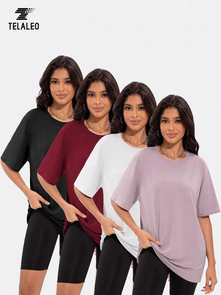 4 Packs Oversized Tshirts For Women, Loose Fit Crew Neck Summer Baggy Tops Workout Tees Plus Size T Shirts - 彩色 - 查看 1
