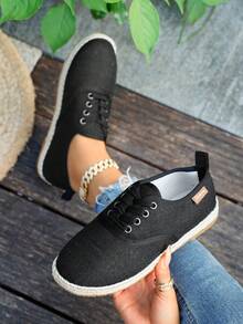 Women's Casual Canvas Sneakers, Flat Sole Lightweight Breathable Fashion Commuting Leisure Sports Shoes - Black - View 15